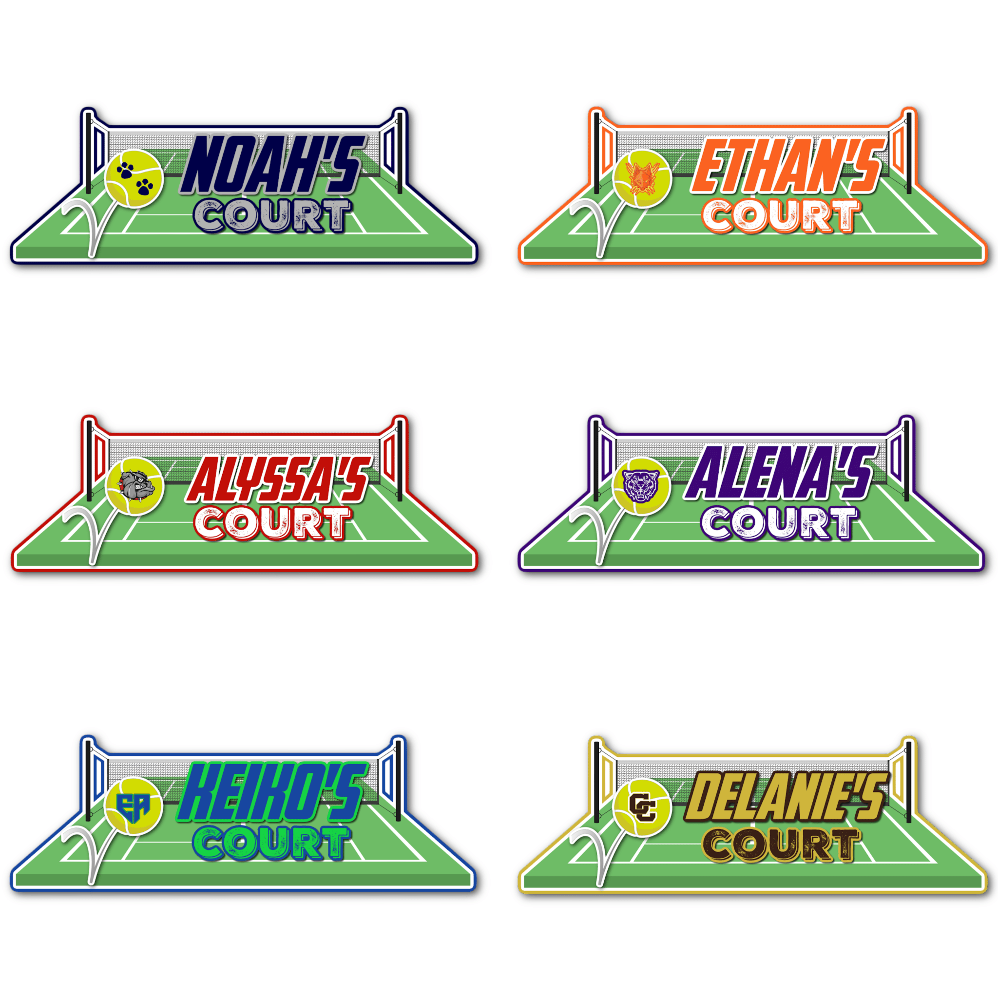 Examples of How to Customize Tennis Player Decoration with Team Name, Athlete Name, Team Colors, Year, Tournament, Mascot, and More.