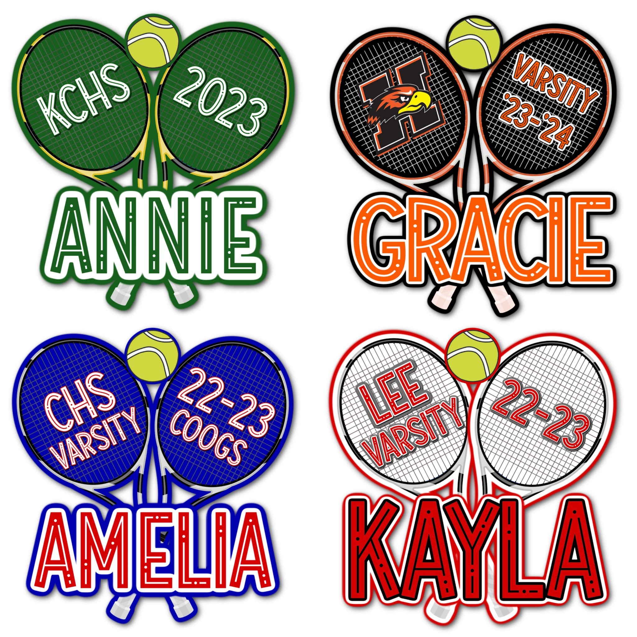 Examples of How to Customize Tennis Player Decoration with Team Name, Athlete Name, Team Colors, Year, Tournament, Mascot, and More.