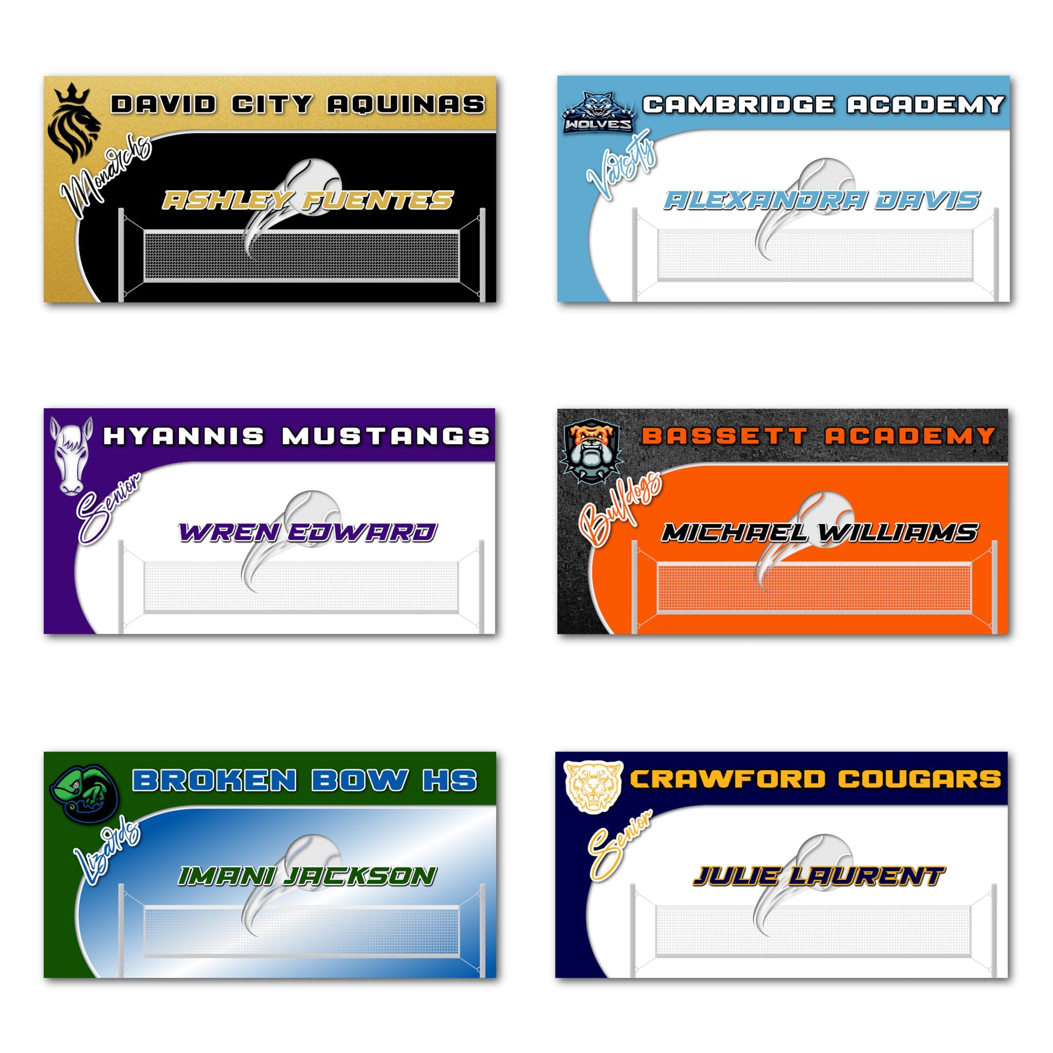 Examples of How to Customize Tennis Player Decoration with Team Name, Athlete Name, Team Colors, Year, Tournament, Mascot, and More.