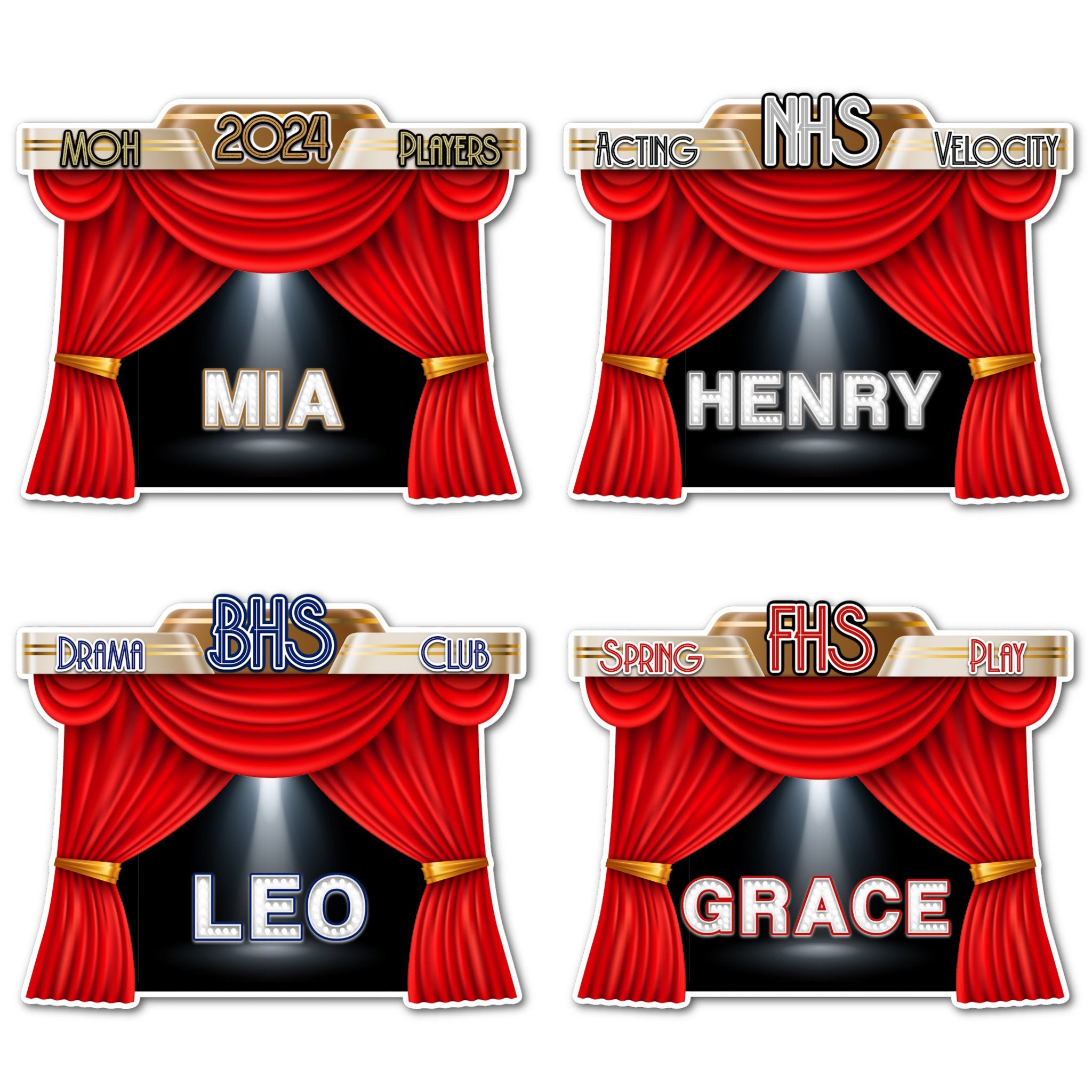 Examples of How to Customize Spring Play Music Theater Decoration with Actors Name, School Name, Theater Name, Character, Position, Play Title, Year,  and More.