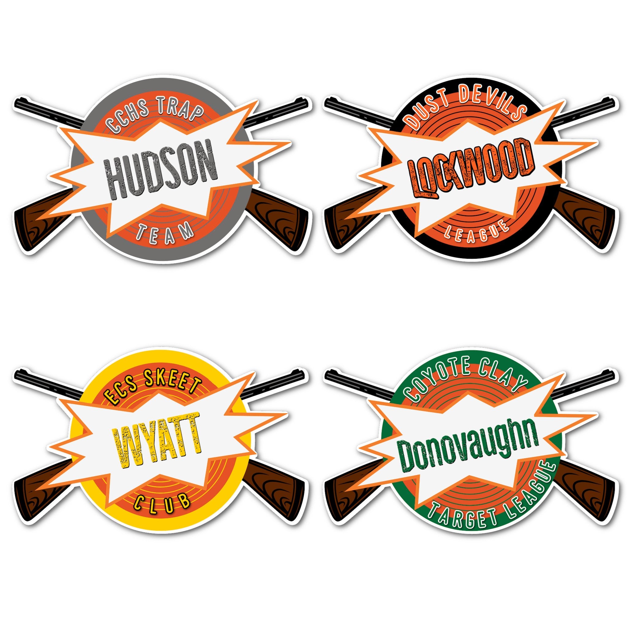 Examples of How to Customize Trap & Skeet Decoration with Team Name, Athlete Name, Team Colors, Year, Tournament, Mascot, and More.