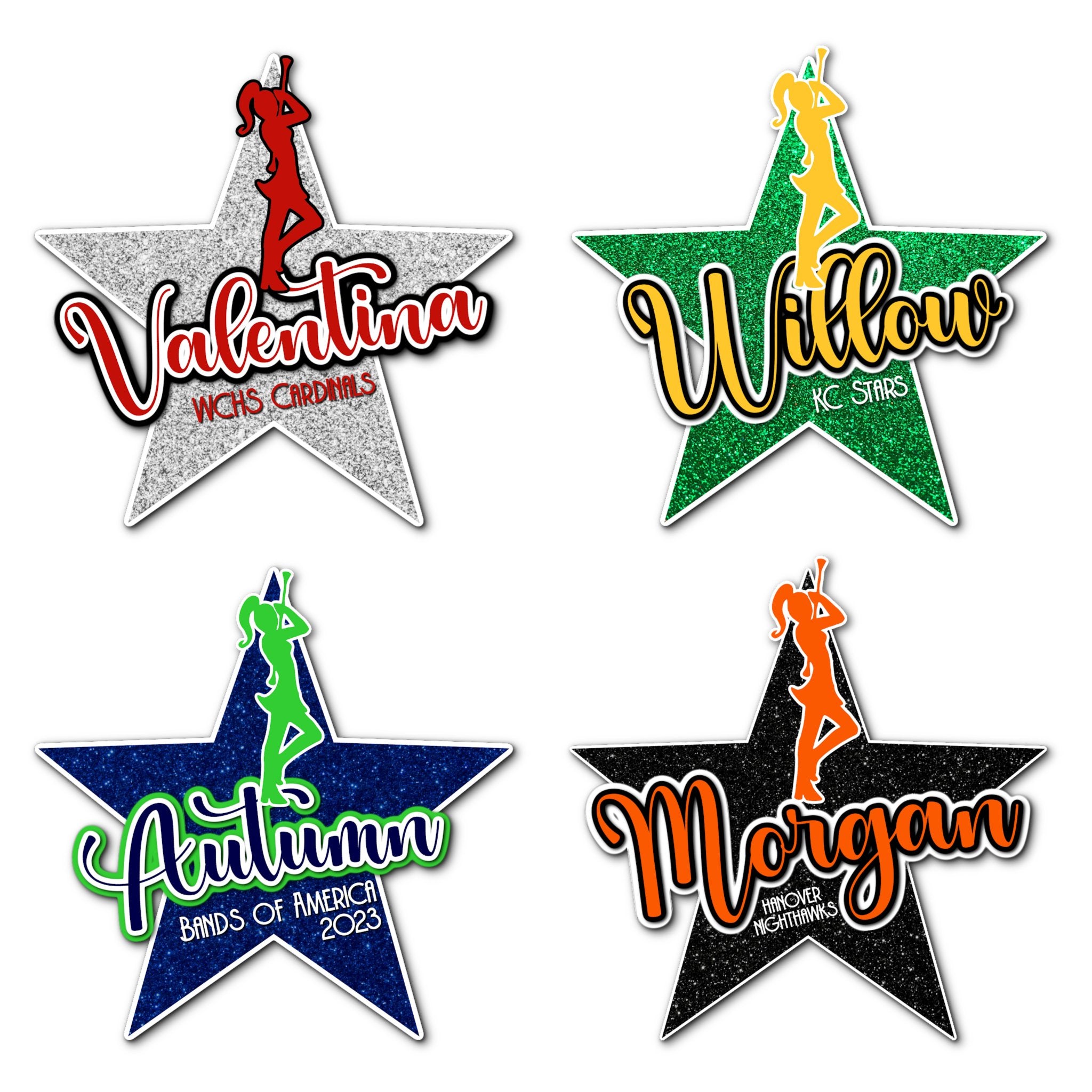 Examples of How to Customize Baton Twirler Majorette Decoration with Team Name, Athlete Name, Team Colors, Year, Tournament, Mascot, and More.
