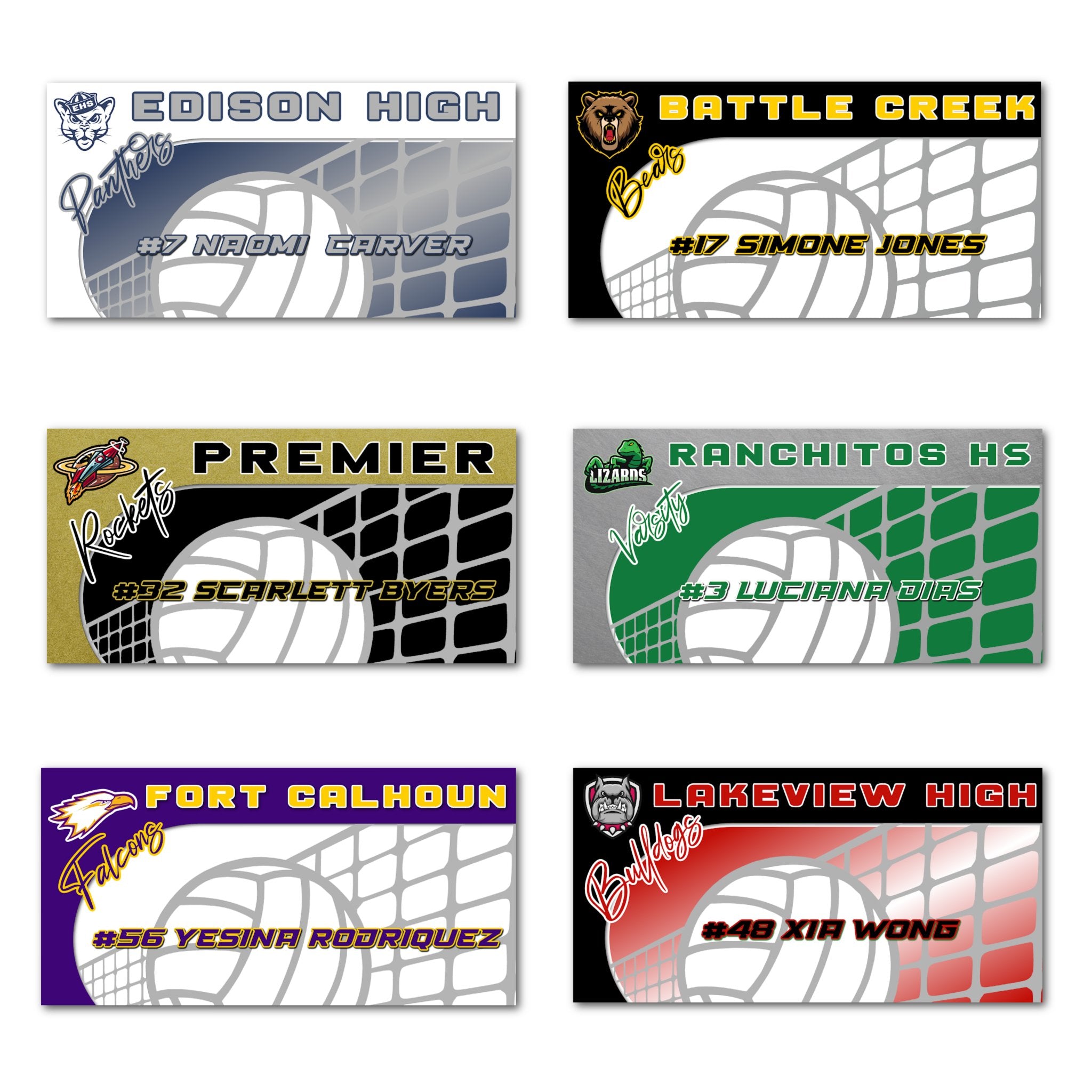 Examples of How to Customize Volleyball Player Decoration with Team Name, Athlete Name, Team Colors, Year, Tournament, Mascot, and More.