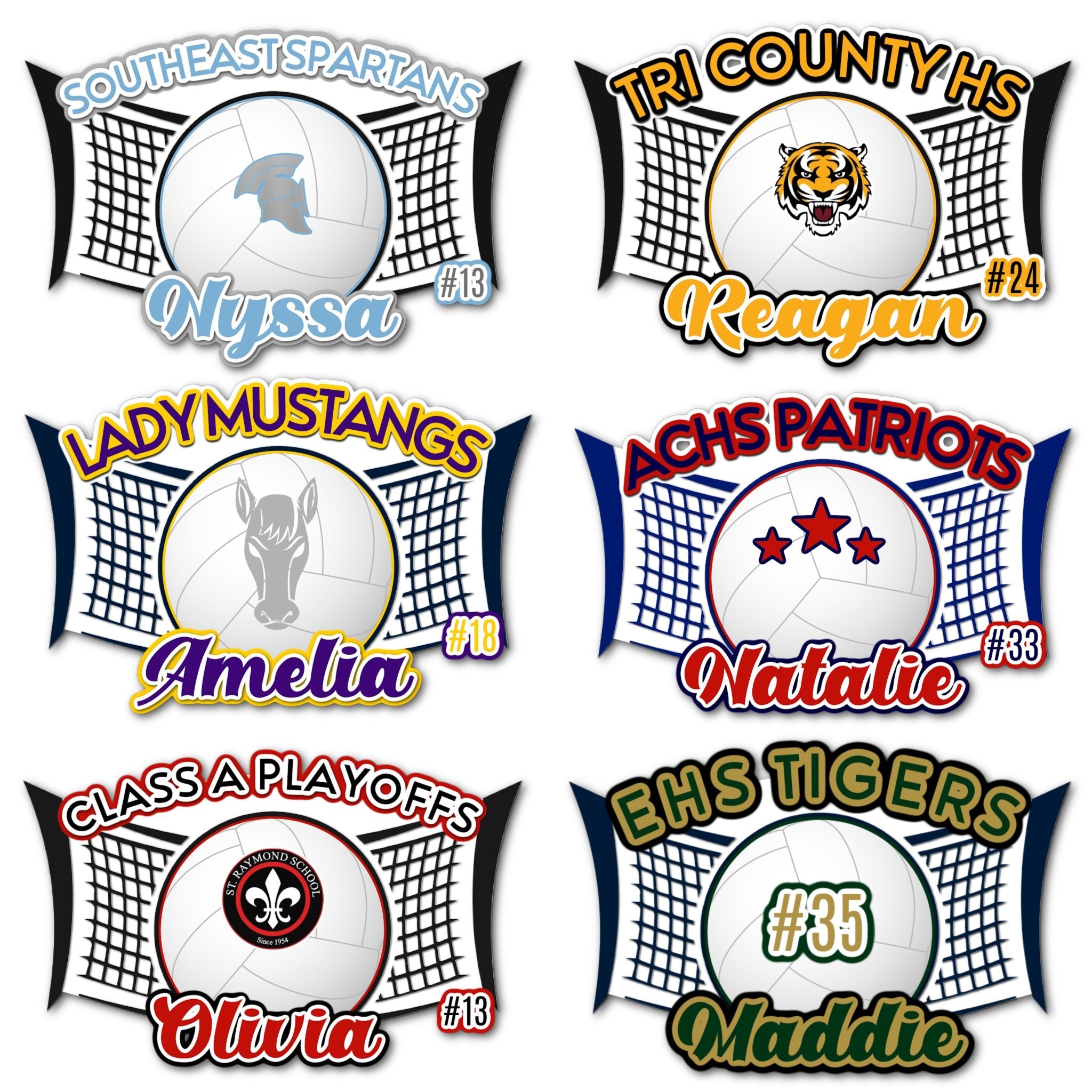 Examples of How to Customize Volleyball Player Decoration with Team Name, Athlete Name, Team Colors, Year, Tournament, Mascot, and More.
