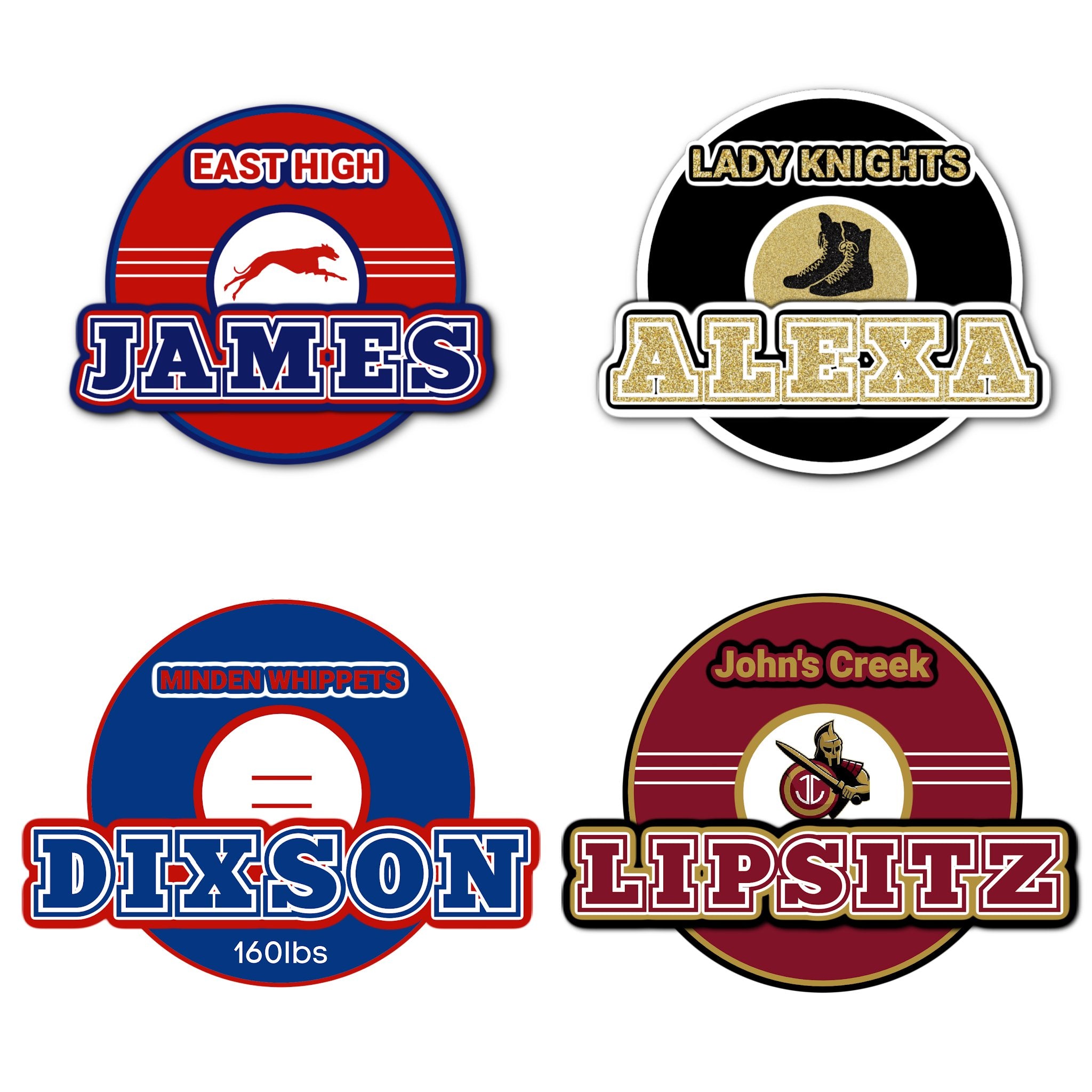 Examples of How to Customize Wrestlers Decoration with Team Name, Athlete Name, Team Colors, Year, Tournament, Mascot, and More.