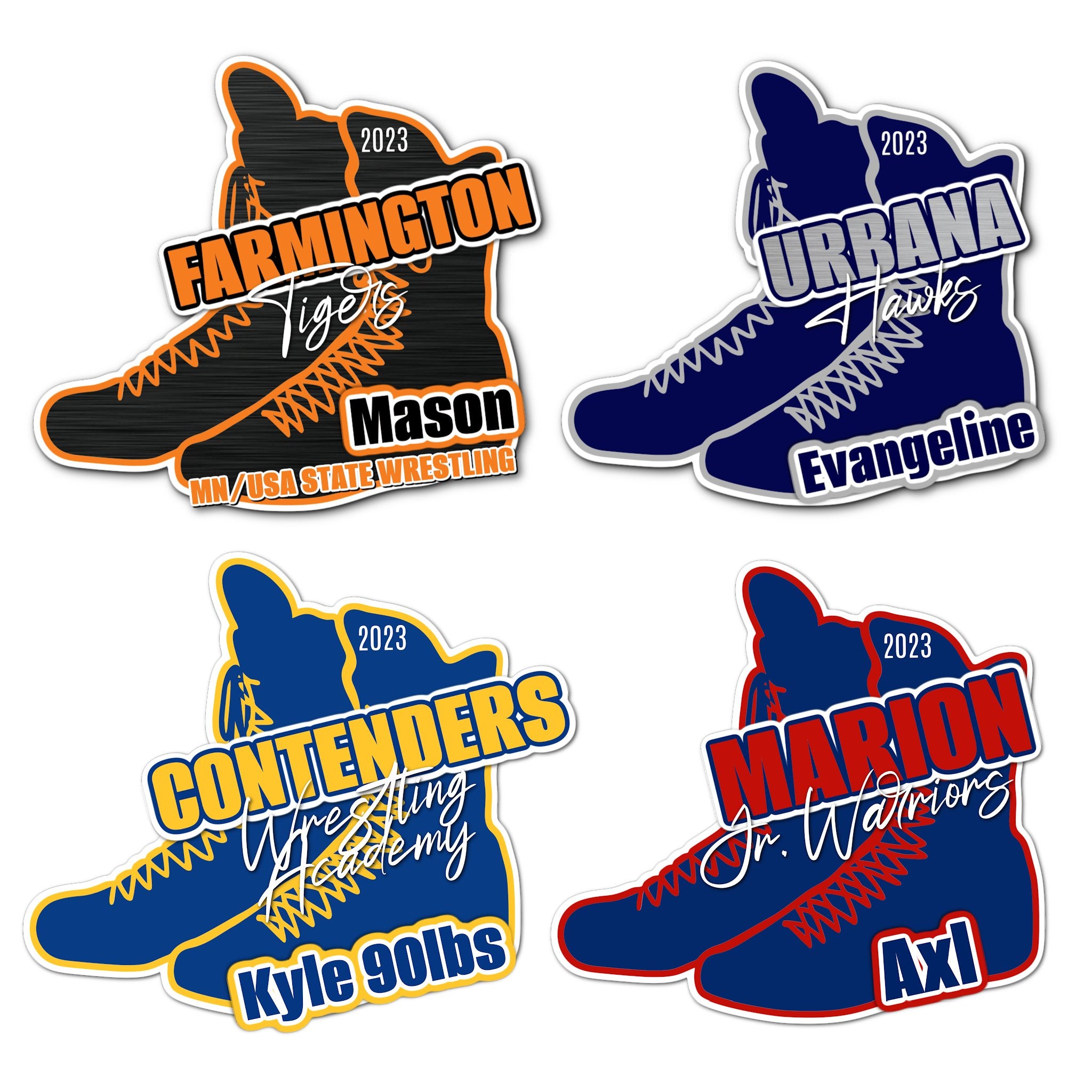 Examples of How to Customize Wrestling Shoe Decoration with Team Name, Athlete Name, Team Colors, Year, Tournament, Mascot, and More.